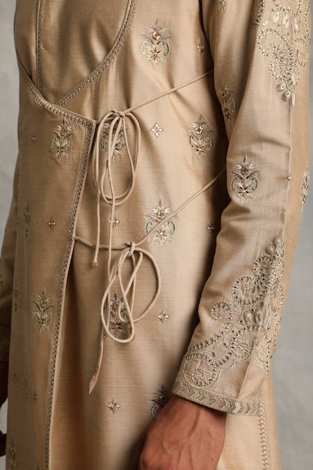 Shop_Gargee Designers_Gold Kurta Cotton Silk Floral Embroidered Angrakha And Dhoti Pant Set _Online_at_Aza_Fashions