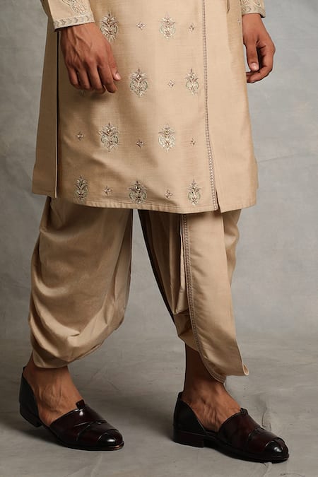 Gargee Designers Gold Kurta Cotton Silk Floral Embroidered Angrakha And Dhoti Pant Set at Aza Fashions Gargee Designers_Gold Kurta Cotton Silk Floral Embroidered Angrakha And Dhoti Pant Set _at_Aza_Fashions