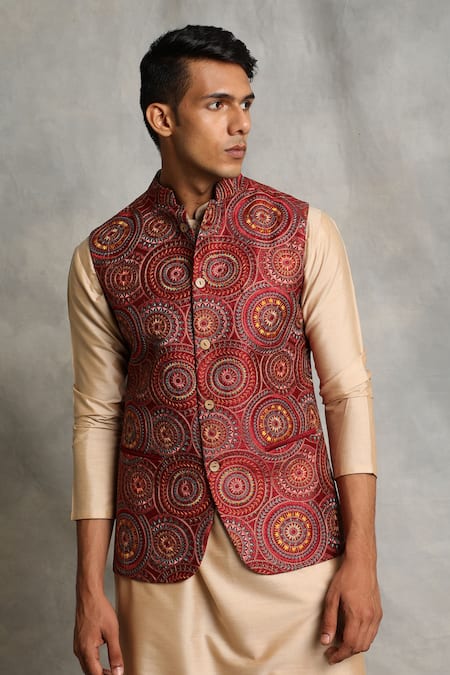 Shop_Gargee Designers_Red Cotton , Poly Floral Embroidered Bundi And Kurta Set _Online_at_Aza_Fashions