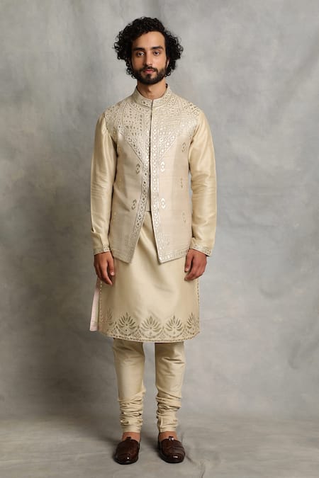 Gargee Designers_Gold Raw , Cotton Floral, Geometric Applique Bundi And Kurta Set _Online_at_Aza_Fashions