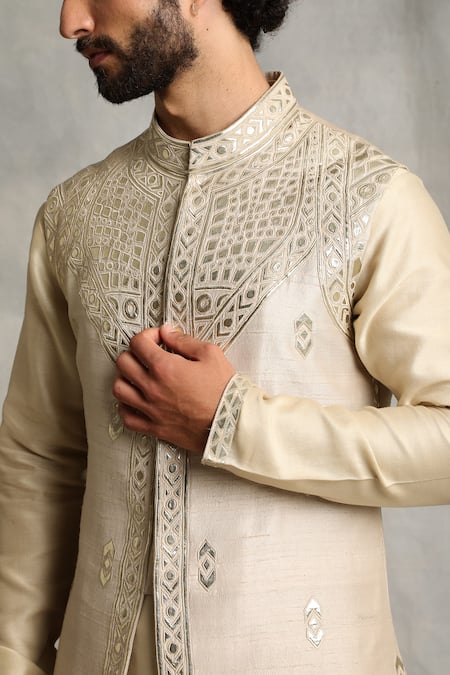 Shop_Gargee Designers_Gold Raw , Cotton Floral, Geometric Applique Bundi And Kurta Set _Online_at_Aza_Fashions