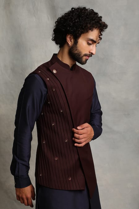 Shop_Gargee Designers_Wine Cotton Silk, Poly Viscose Floral Pleated Bundi And Kurta Set _Online_at_Aza_Fashions