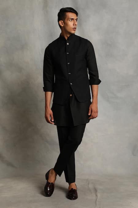 Gargee Designers_Black Cotton Silk, Poly Viscose Bundi And Kurta Set _Online_at_Aza_Fashions