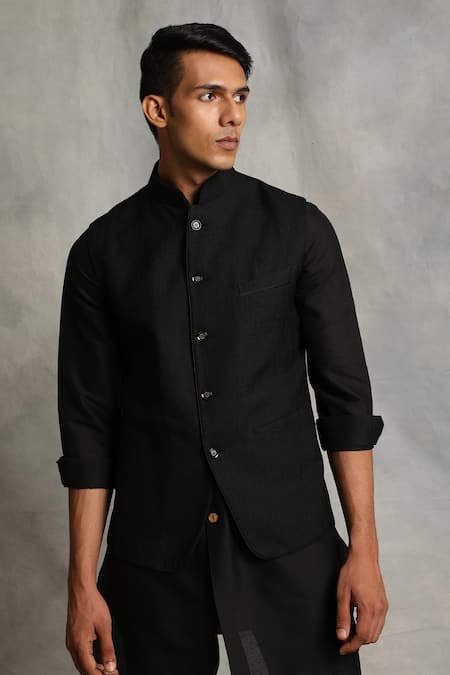 Buy_Gargee Designers_Black Cotton Silk, Poly Viscose Bundi And Kurta Set _Online_at_Aza_Fashions