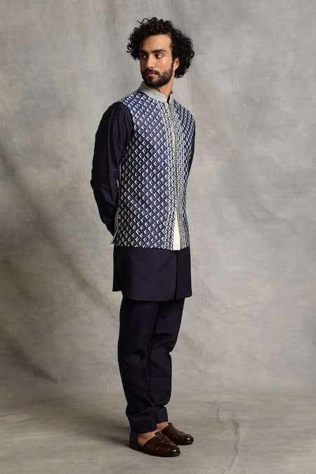 Shop_Gargee Designers_Blue Cotton Silk Geometric Applique Bundi And Kurta Set _at_Aza_Fashions