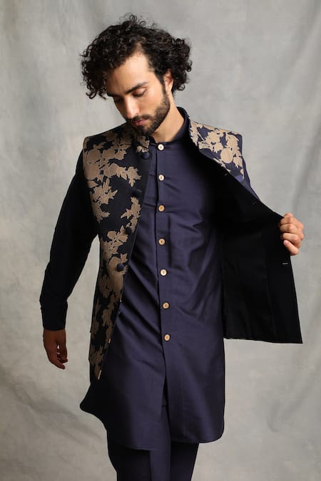 Gargee Designers_Blue Cotton Silk Floral Applique Bundi And Kurta Set _Online_at_Aza_Fashions