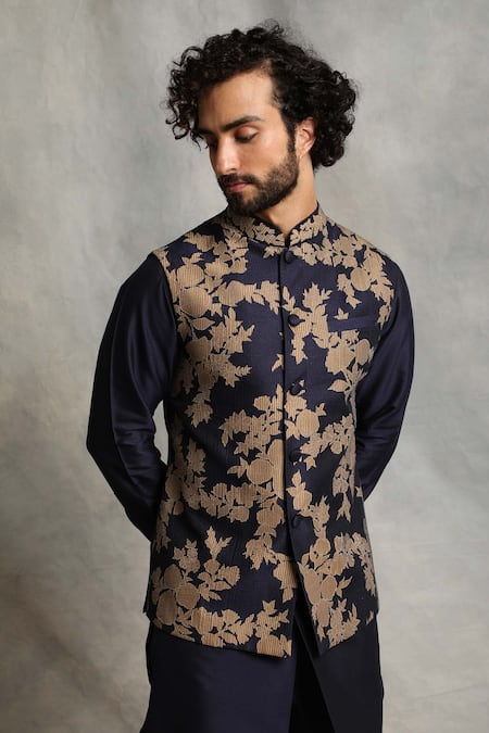 Buy_Gargee Designers_Blue Cotton Silk Floral Applique Bundi And Kurta Set _Online_at_Aza_Fashions