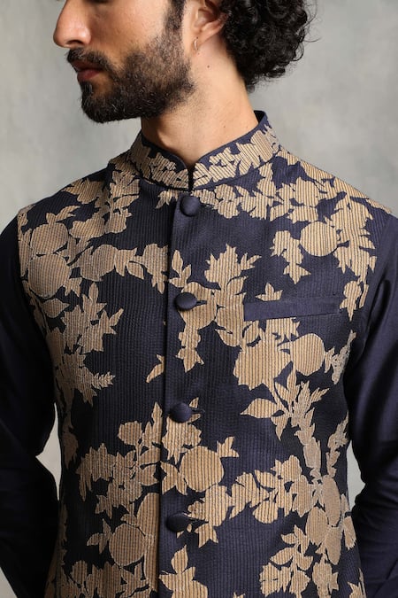 Shop_Gargee Designers_Blue Cotton Silk Floral Applique Bundi And Kurta Set _Online_at_Aza_Fashions