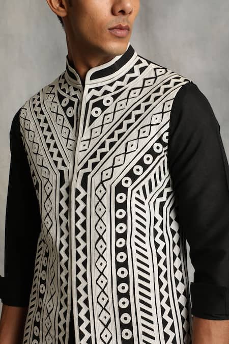 Shop_Gargee Designers_Black Cotton Silk Geometric Applique Bundi And Kurta Set _Online_at_Aza_Fashions
