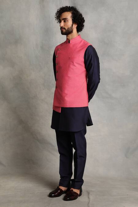 Gargee Designers_Pink Cotton Silk Striped Embroidered Bundi And Kurta Set _Online_at_Aza_Fashions