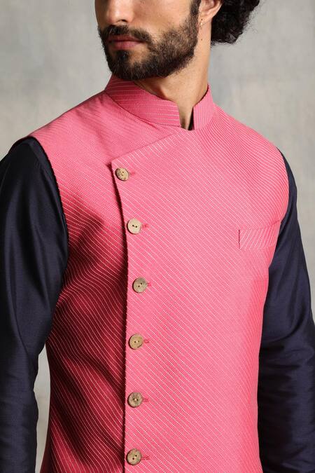 Shop_Gargee Designers_Pink Cotton Silk Striped Embroidered Bundi And Kurta Set _Online_at_Aza_Fashions