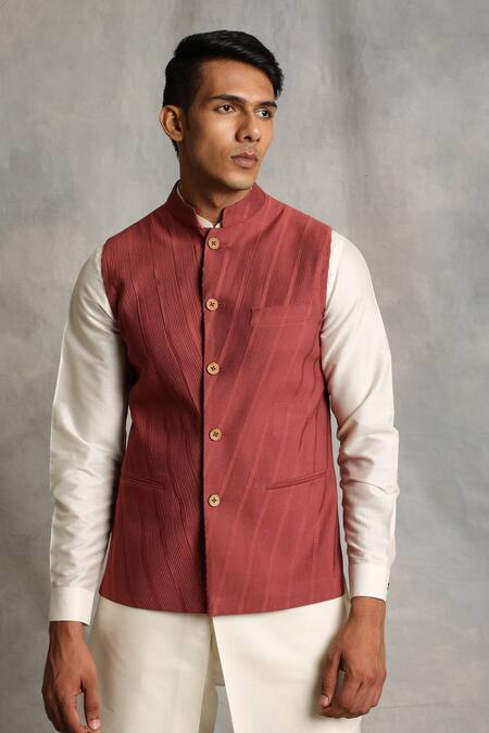 Buy_Gargee Designers_Brown Cotton Silk Pleated Bundi And Kurta Set _Online_at_Aza_Fashions