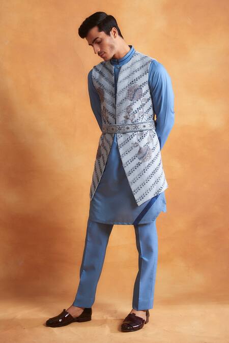 Gargee Designers Blue Cotton Silk Floral Embroidered Bundi And Kurta Set Online at Aza Fashions Gargee Designers_Blue Cotton Silk Floral Embroidered Bundi And Kurta Set _Online_at_Aza_Fashions