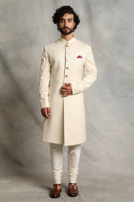 Gargee Designers White Poly Viscose Plain Mandarin Collar Sherwani Set 