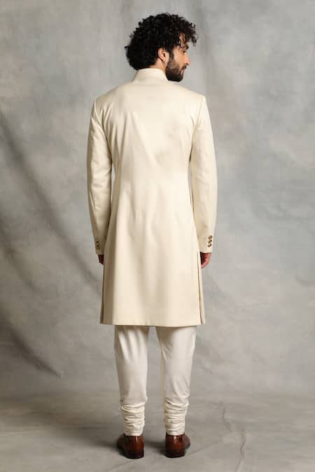 Shop_Gargee Designers_White Cotton Silk, Poly Viscose Mandarin Collar Sherwani Set _at_Aza_Fashions