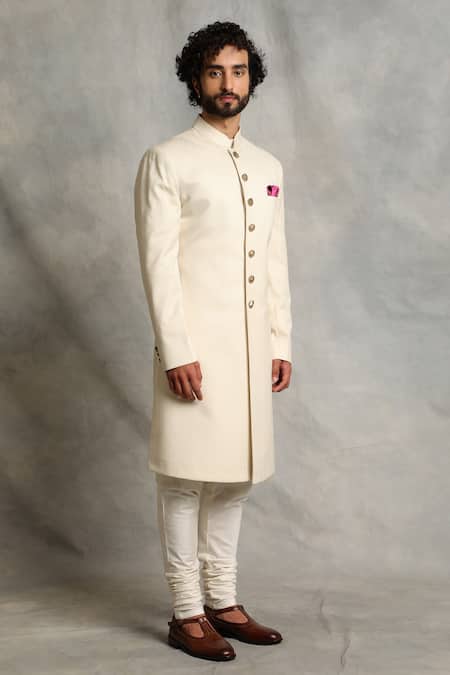 Gargee Designers_White Cotton Silk, Poly Viscose Mandarin Collar Sherwani Set _Online_at_Aza_Fashions
