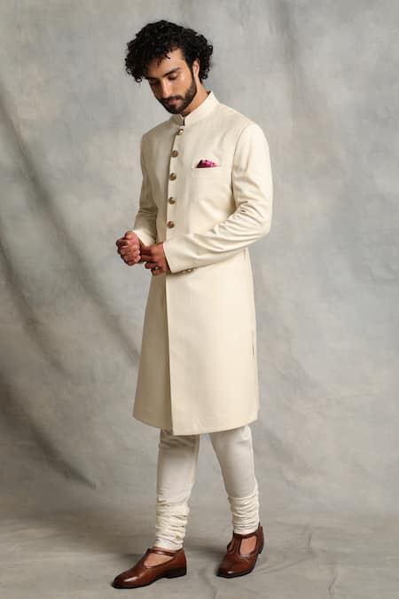 Buy_Gargee Designers_White Cotton Silk, Poly Viscose Mandarin Collar Sherwani Set _Online_at_Aza_Fashions