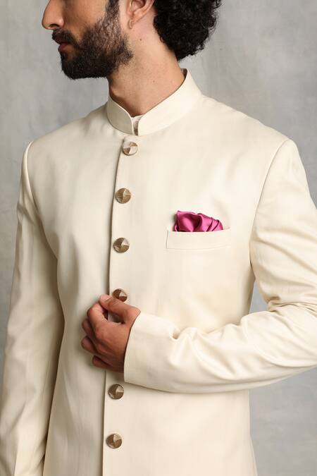 Shop_Gargee Designers_White Cotton Silk, Poly Viscose Mandarin Collar Sherwani Set _Online_at_Aza_Fashions