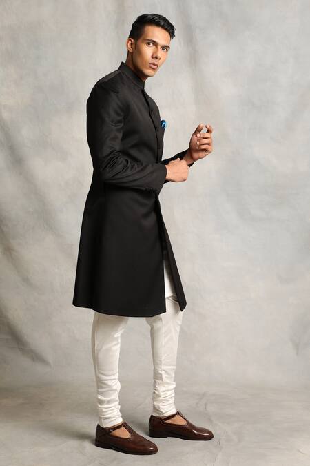 Buy_Gargee Designers_Black Cotton Silk, Poly Viscose Mandarin Collar Sherwani Set _Online_at_Aza_Fashions