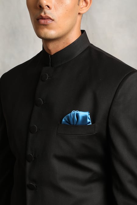 Shop_Gargee Designers_Black Cotton Silk, Poly Viscose Mandarin Collar Sherwani Set _Online_at_Aza_Fashions