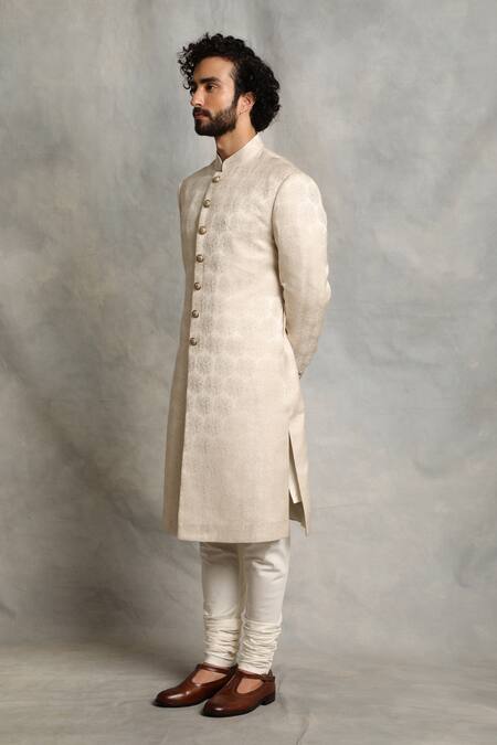 Gargee Designers_White Cotton Silk, Viscose Jacquard Floral Textured Sherwani Set _Online_at_Aza_Fashions