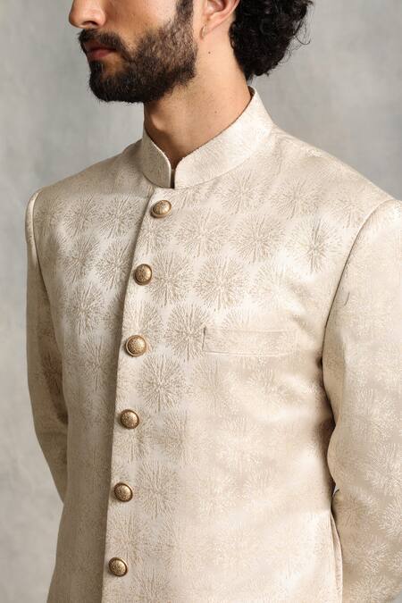 Buy_Gargee Designers_White Cotton Silk, Viscose Jacquard Floral Textured Sherwani Set _Online_at_Aza_Fashions