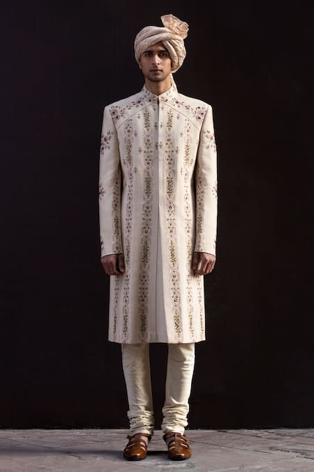 Gargee Designers Pink Cotton , Slub Floral Embroidered Sherwani Set 