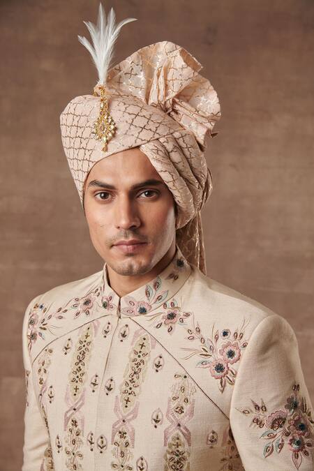 Shop Gargee Designers Pink Cotton , Slub Floral Embroidered Sherwani Set Online at Aza Fashions Shop_Gargee Designers_Pink Cotton , Slub Floral Embroidered Sherwani Set _Online_at_Aza_Fashions