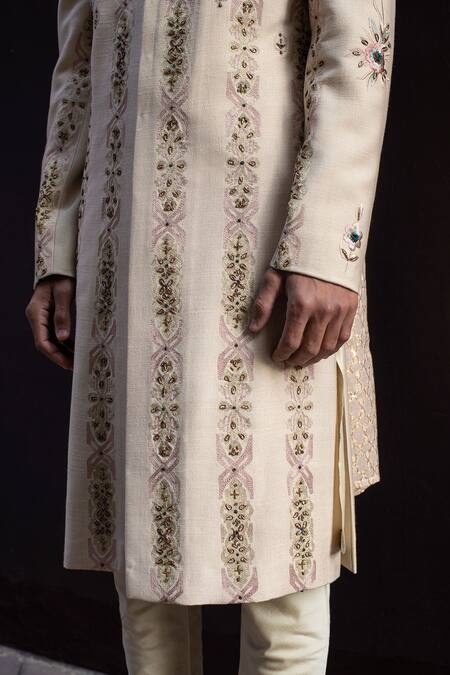 Gargee Designers Pink Cotton , Slub Floral Embroidered Sherwani Set at Aza Fashions Gargee Designers_Pink Cotton , Slub Floral Embroidered Sherwani Set _at_Aza_Fashions