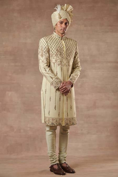 Gargee Designers Green Cotton Silk Floral Embroidered Sherwani Set 
