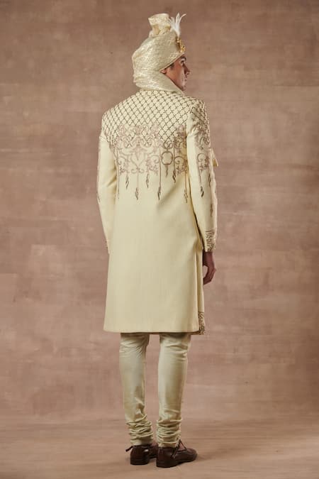 Shop Gargee Designers Green Cotton Silk Floral Embroidered Sherwani Set at Aza Fashions Shop_Gargee Designers_Green Cotton Silk Floral Embroidered Sherwani Set _at_Aza_Fashions