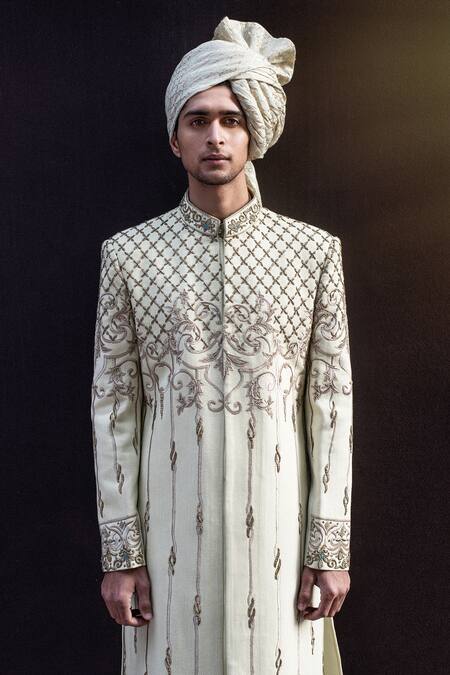 Shop Gargee Designers Green Cotton Silk Floral Embroidered Sherwani Set Online at Aza Fashions Shop_Gargee Designers_Green Cotton Silk Floral Embroidered Sherwani Set _Online_at_Aza_Fashions