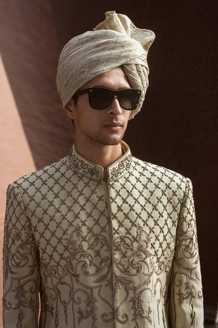 Gargee Designers Green Cotton Silk Floral Embroidered Sherwani Set at Aza Fashions Gargee Designers_Green Cotton Silk Floral Embroidered Sherwani Set _at_Aza_Fashions