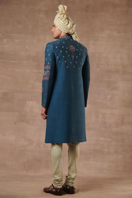 Shop Gargee Designers Blue Raw , Cotton Floral Embroidered Sherwani Set at Aza Fashions Shop_Gargee Designers_Blue Raw , Cotton Floral Embroidered Sherwani Set _at_Aza_Fashions