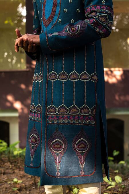 Shop Gargee Designers Blue Raw , Cotton Floral Embroidered Sherwani Set Online at Aza Fashions Shop_Gargee Designers_Blue Raw , Cotton Floral Embroidered Sherwani Set _Online_at_Aza_Fashions