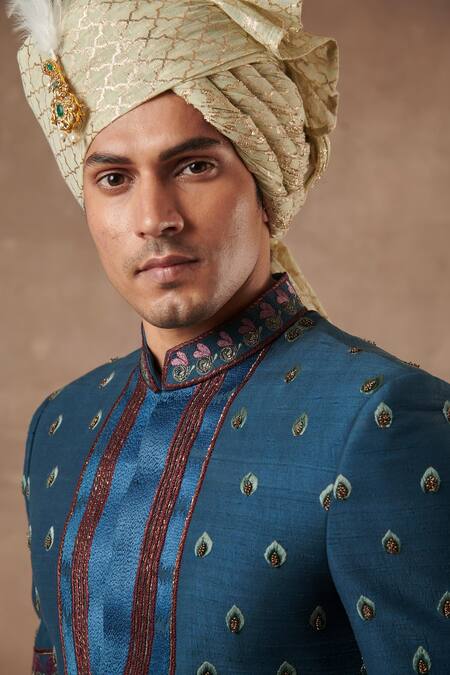 Buy Gargee Designers Blue Raw , Cotton Floral Embroidered Sherwani Set Online at Aza Fashions Buy_Gargee Designers_Blue Raw , Cotton Floral Embroidered Sherwani Set _Online_at_Aza_Fashions