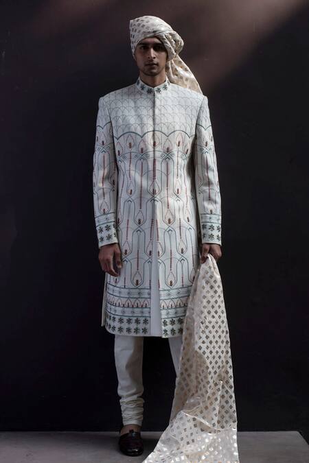 Gargee Designers White Cotton Silk Floral, Geometric Embroidered Sherwani Set 