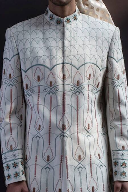 Shop_Gargee Designers_White Cotton Silk Floral, Geometric Embroidered Sherwani Set _at_Aza_Fashions