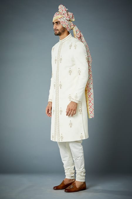 Gargee Designers_White Cotton Silk, Sherwani Poly Viscose Jacquard Ornamental Embroidered Set _Online_at_Aza_Fashions