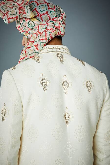 Shop_Gargee Designers_White Cotton Silk, Sherwani Poly Viscose Jacquard Ornamental Embroidered Set _Online_at_Aza_Fashions
