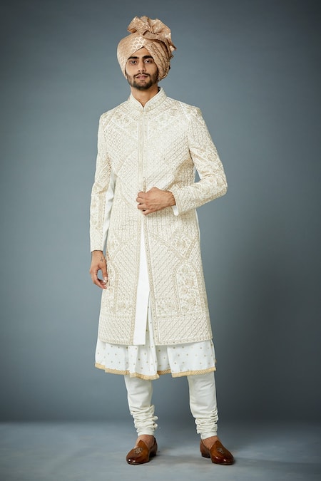 Gargee Designers Ivory Sherwani Poly Viscose Embroidered Mughal Motif Sultan Set 