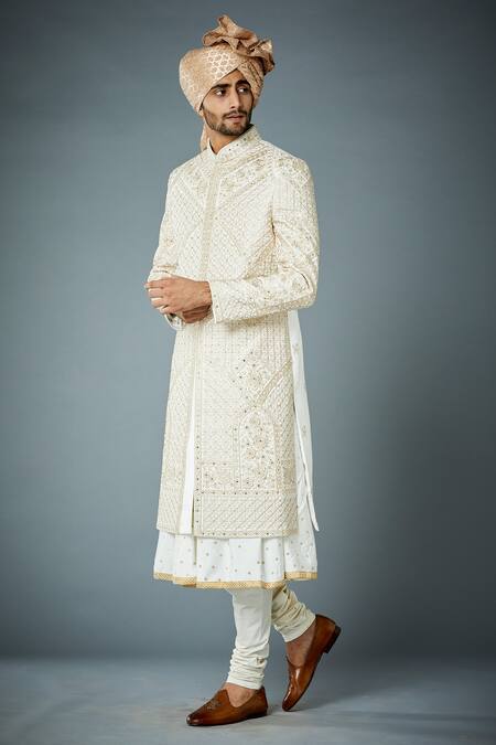 Gargee Designers_Ivory Cotton Silk, Sherwani Poly Viscose Mughal Motif Sultan Embroidered Set_Online_at_Aza_Fashions