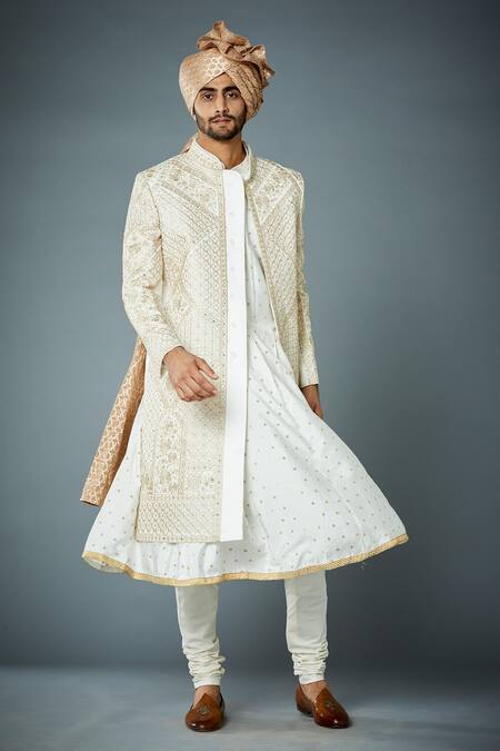 Buy_Gargee Designers_Ivory Cotton Silk, Sherwani Poly Viscose Mughal Motif Sultan Embroidered Set_Online_at_Aza_Fashions