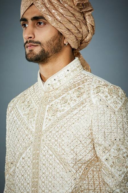 Shop_Gargee Designers_Ivory Cotton Silk, Sherwani Poly Viscose Mughal Motif Sultan Embroidered Set_Online_at_Aza_Fashions
