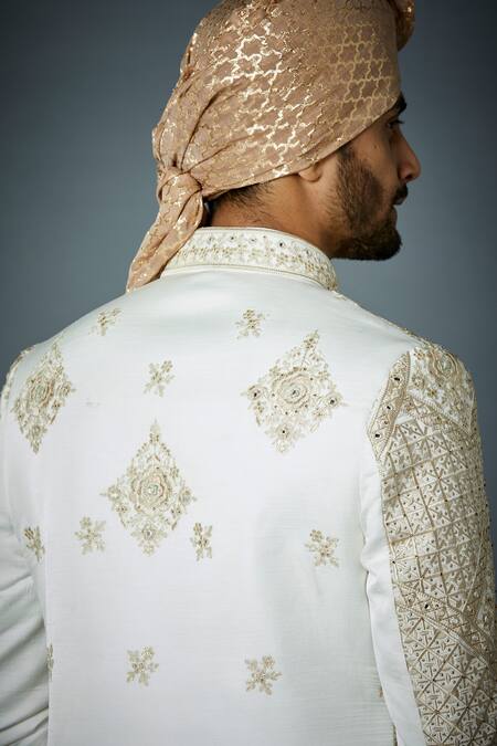 Gargee Designers_Ivory Cotton Silk, Sherwani Poly Viscose Mughal Motif Sultan Embroidered Set_at_Aza_Fashions