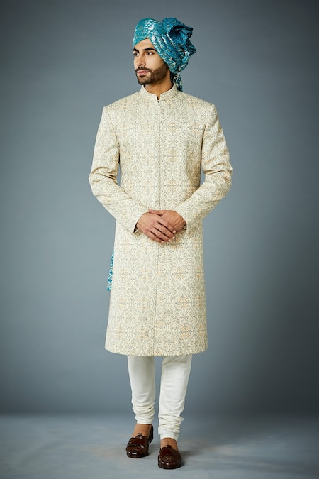 Gargee Designers Ivory Sherwani Poly Viscose Embroidered Jaal Thread Work Set 