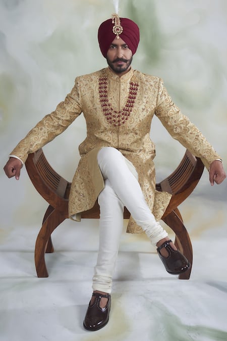 Shop_Gargee Designers_Gold Raw , Cotton Floral Embroidered Sherwani Set _at_Aza_Fashions