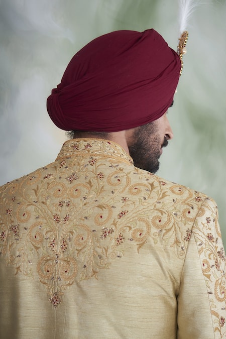 Gargee Designers_Gold Raw , Cotton Floral Embroidered Sherwani Set _Online_at_Aza_Fashions