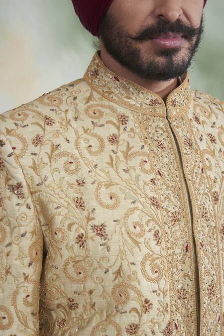 Buy_Gargee Designers_Gold Raw , Cotton Floral Embroidered Sherwani Set _Online_at_Aza_Fashions