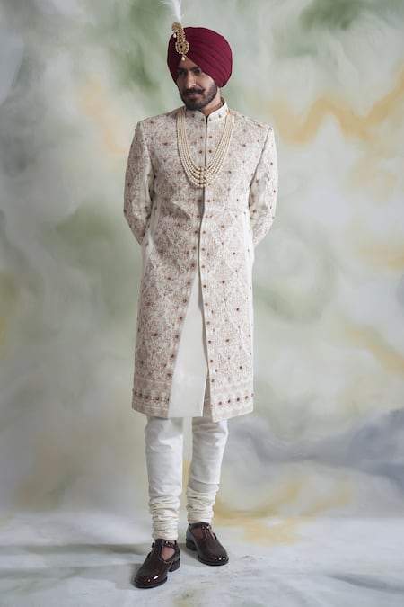 Gargee Designers White Raw , Cotton Floral Embroidered Sherwani Set 